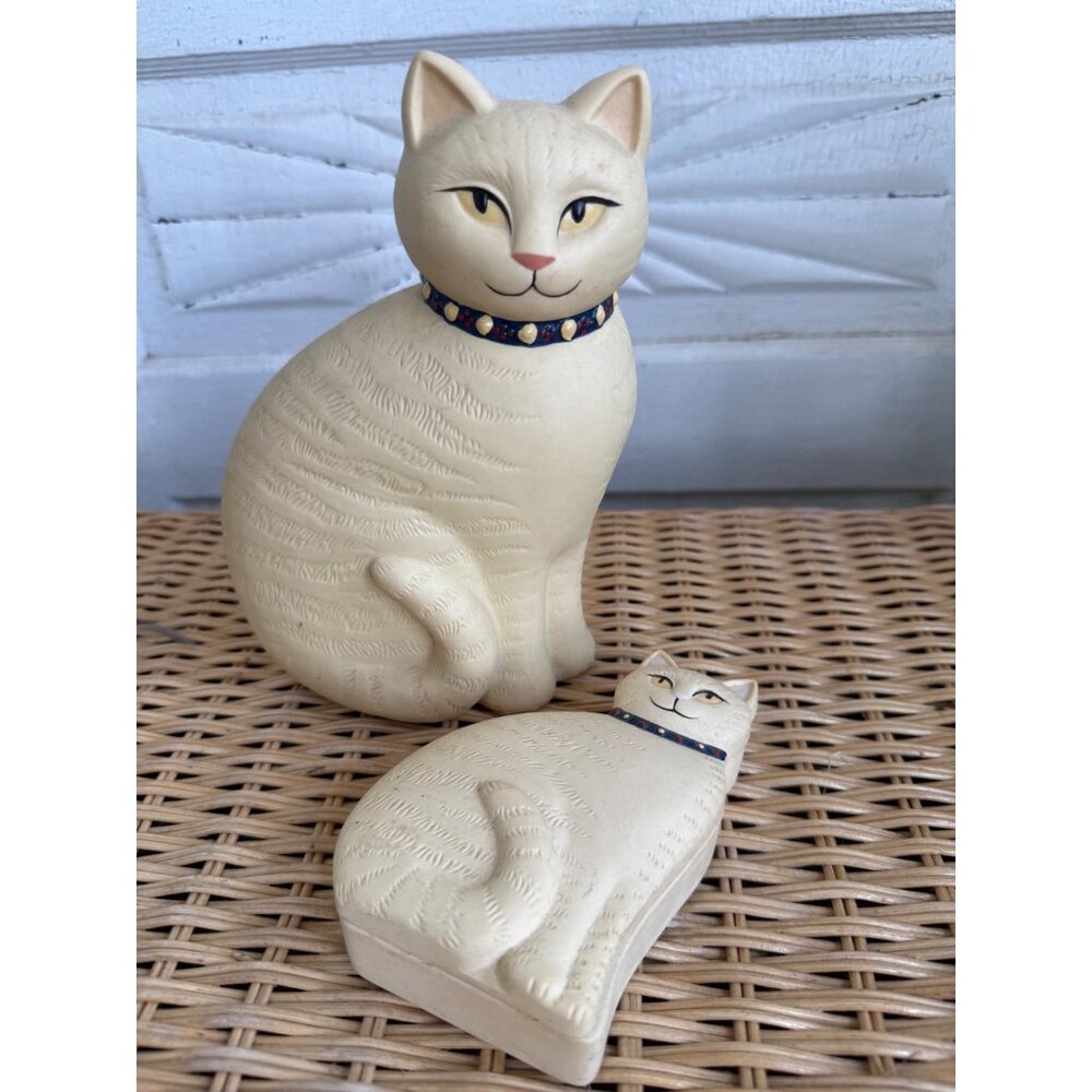 Vintage 80s Bisque Ceramic Set Yellow Cat Figurine and Trinket Box